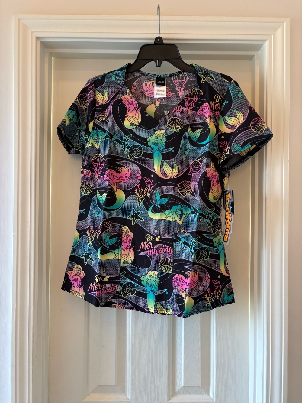 Disney Black Scrub Top with Teal Pink Yellow Mermaid Print